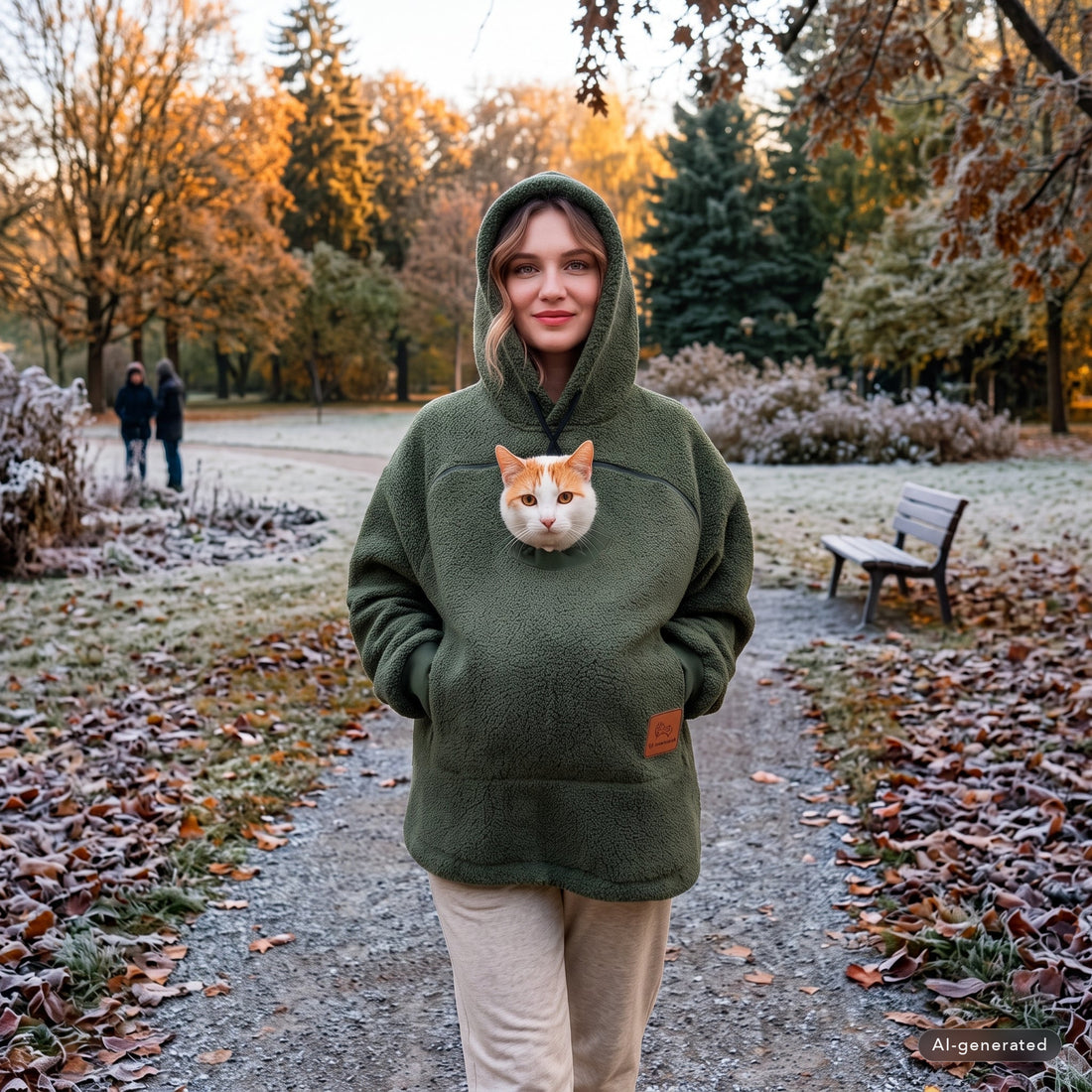 Frau im olivgrünen Kuschel-Hoodie im Herbstpark, Katze schaut aus der Brusttasche (mit KI erstellt)