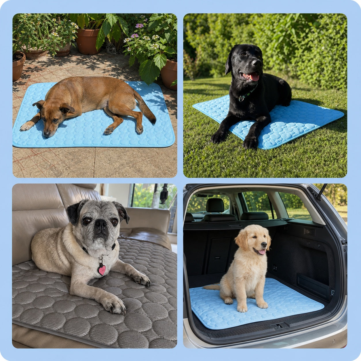 Hunde auf der Eisseide-Kühlmatte – im Wohnzimmer, auf dem Sofa und im Auto