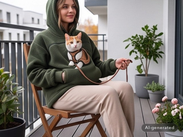 Frau sitzt auf einem Balkonstuhl im olivgrünen Hoodie, die Katze in der Tasche trägt ein Geschirr, die Leine in der Hand (mit KI erstellt)