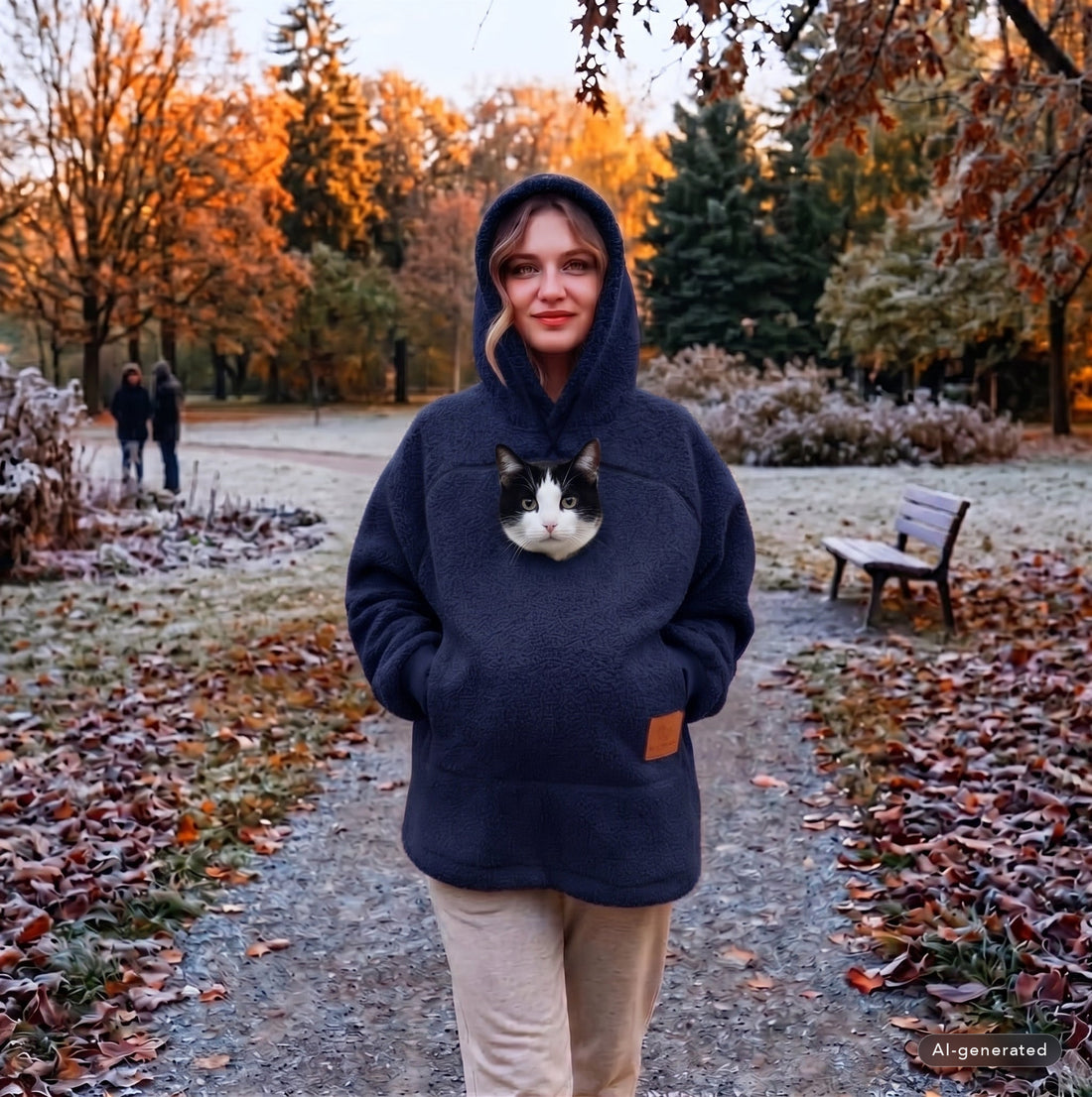 Frau im marineblauen Kuschel-Hoodie im Herbstpark, Katze schaut aus der Brusttasche (mit KI erstellt)