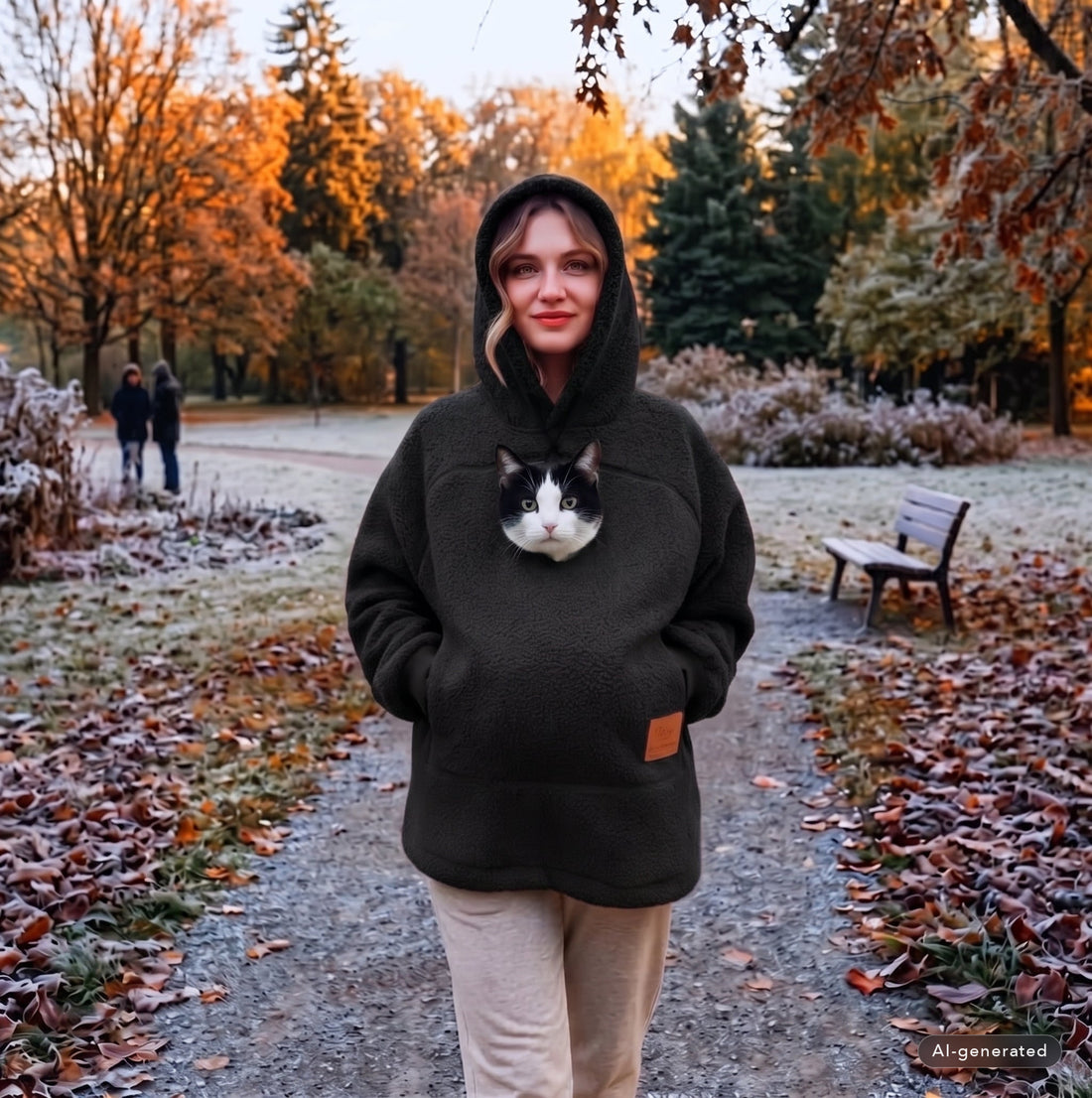 Frau im schwarzen Kuschel-Hoodie im Herbstpark, Katze schaut aus der Brusttasche (mit KI erstellt)