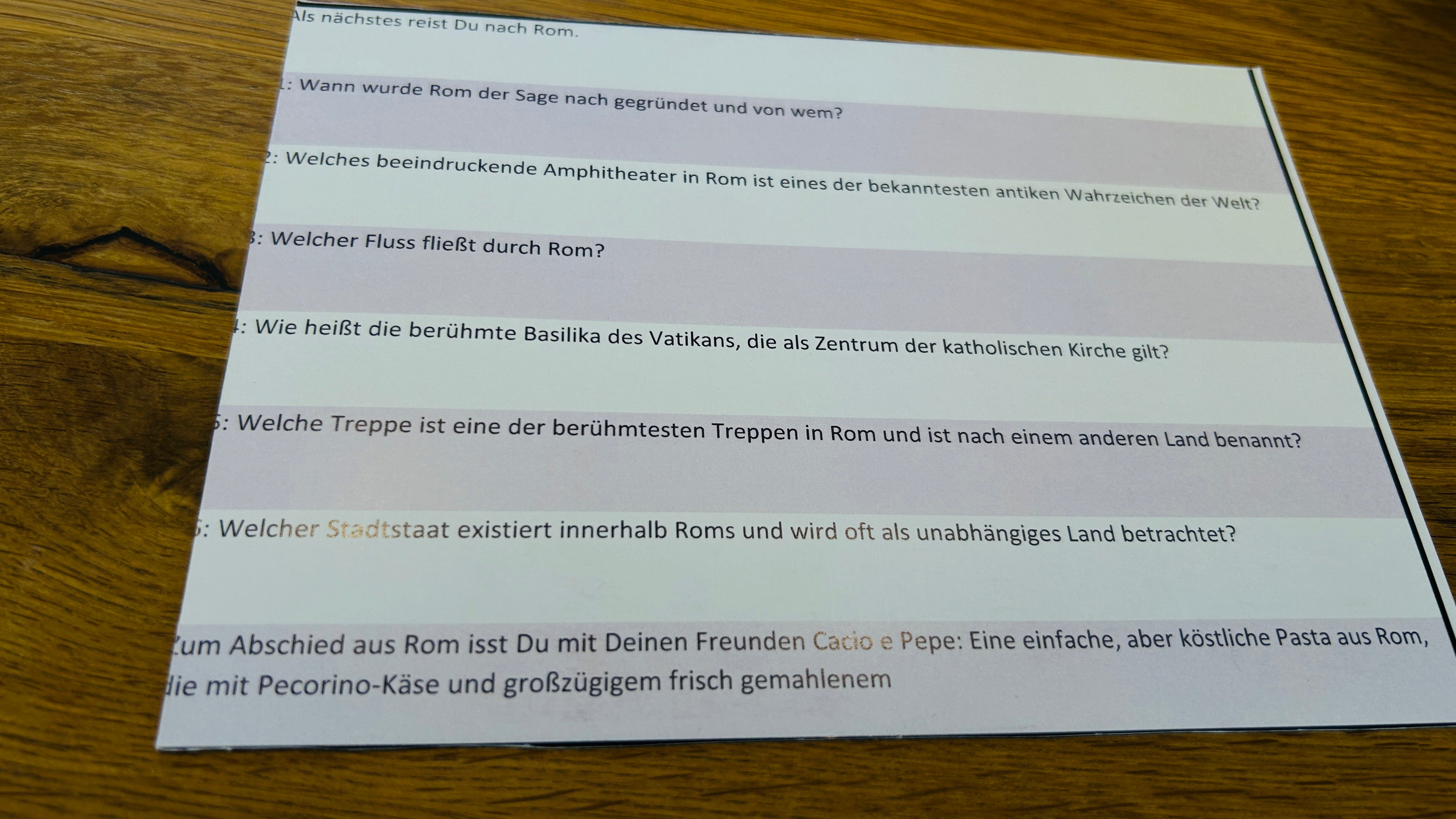 Quizfragen-Karte zum Thema Rom mit 6 Fragen