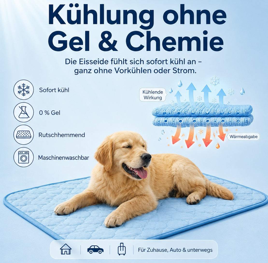 Eisseide-Kühlmatte: sofort kühl, 0 % Gel, rutschhemmend, maschinenwaschbar – für Zuhause, Auto und unterwegs
