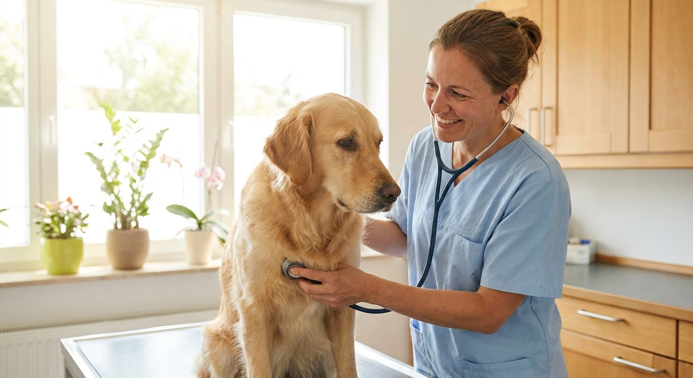 Tierärztin untersucht einen entspannten Hund