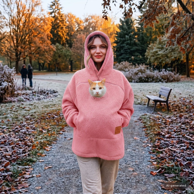 Frau im rosa Kuschel-Hoodie im Herbstpark, eine Katze schaut aus der runden Öffnung (mit KI erstellt)