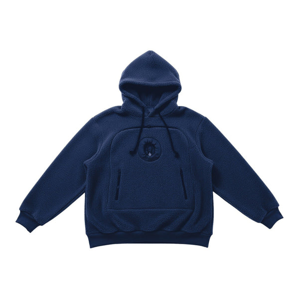 Kuschel-Hoodie in Marineblau, flach liegend (Produktfoto, digital umgefärbt)