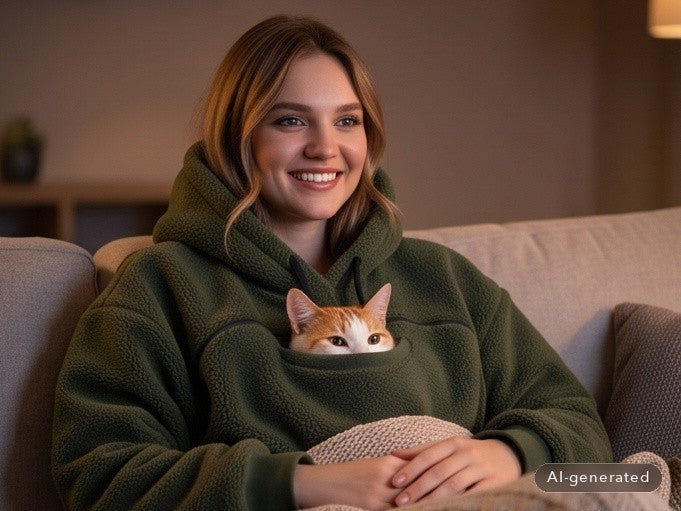 Frau im olivgrünen Kuschel-Hoodie auf dem Sofa, eine Katze schaut aus der Brusttasche (mit KI erstellt)