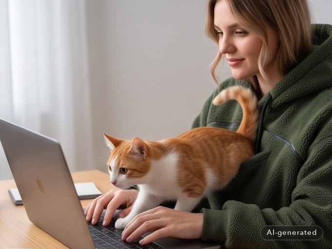 Frau am Laptop im olivgrünen Hoodie, eine Katze läuft über die Tastatur (mit KI erstellt)