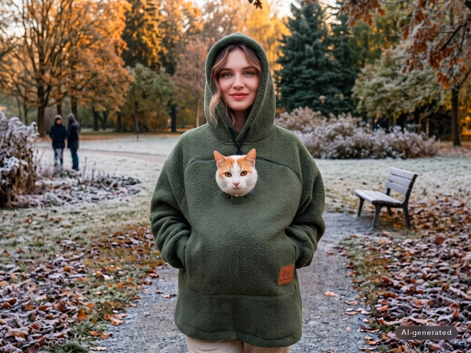 Frau im olivgrünen Kuschel-Hoodie auf einem frostigen Herbstweg (mit KI erstellt)