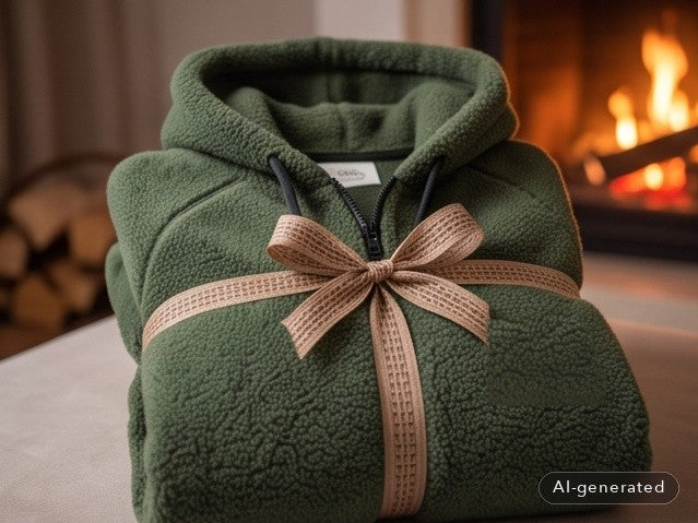 Olivgrüner Kuschel-Hoodie, gefaltet und mit Schleife als Geschenk verpackt, im Hintergrund ein Kamin (mit KI erstellt)
