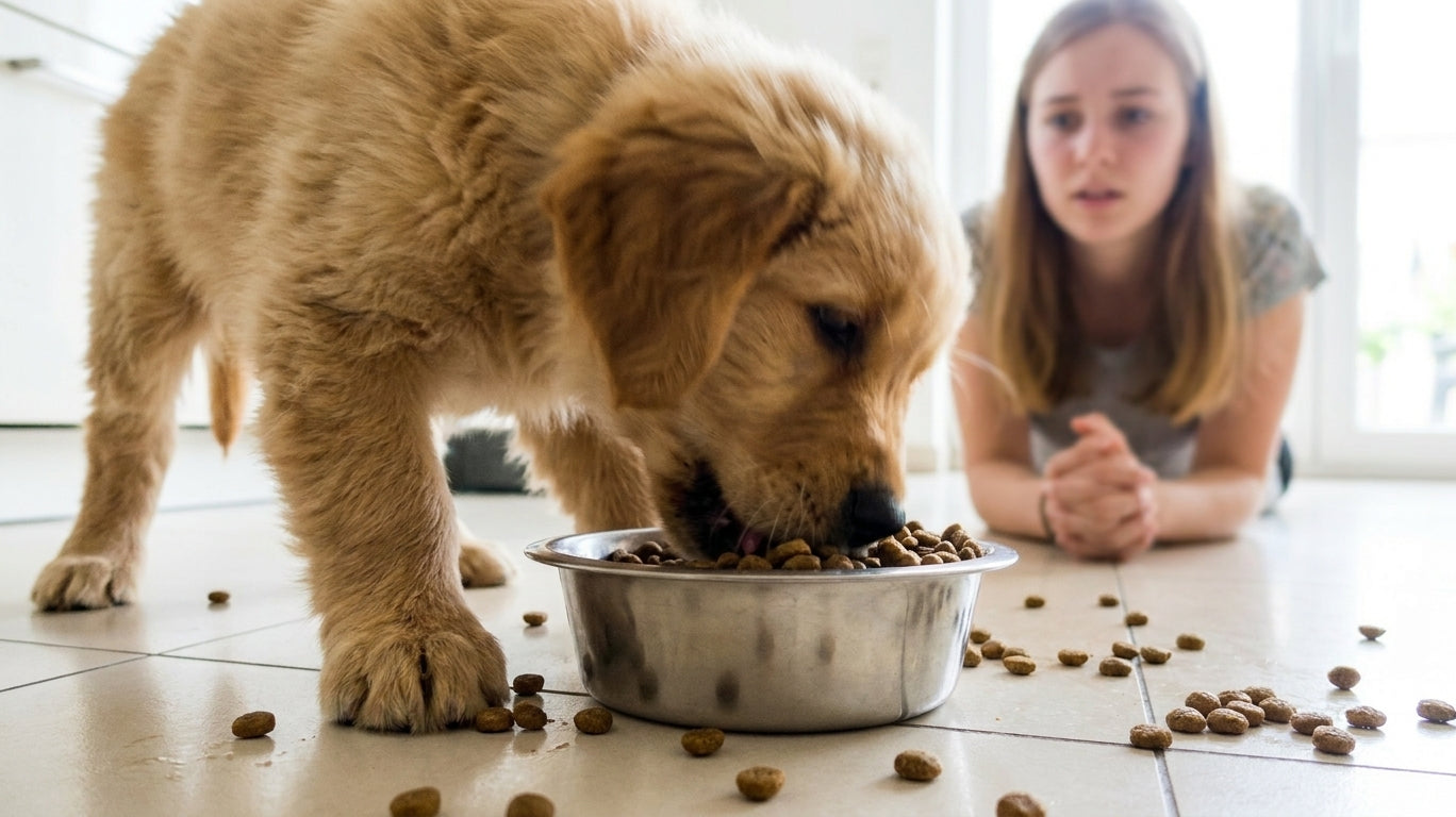 Hund schlingt hastig aus einem normalen Napf