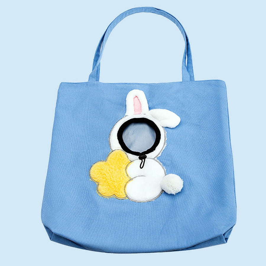 Tragetasche in Blau mit aufgenähtem Plüsch-Hasen (echtes Produktfoto)