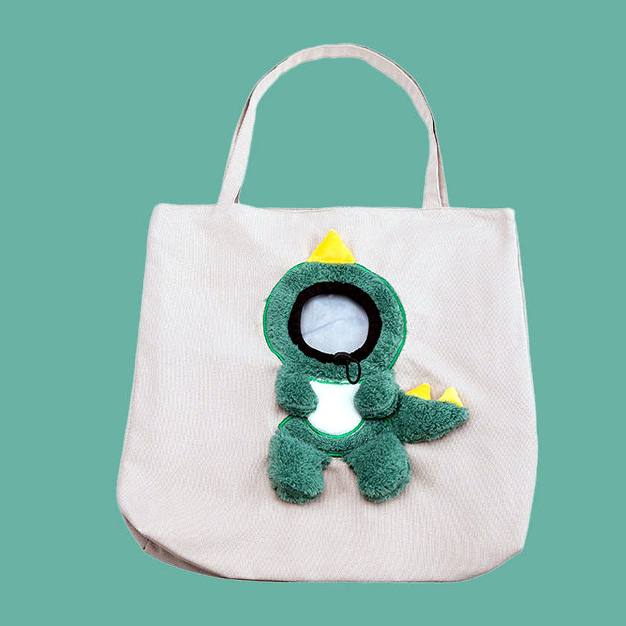 Tragetasche in Grau-Beige mit aufgenähtem Plüsch-Dino (echtes Produktfoto)