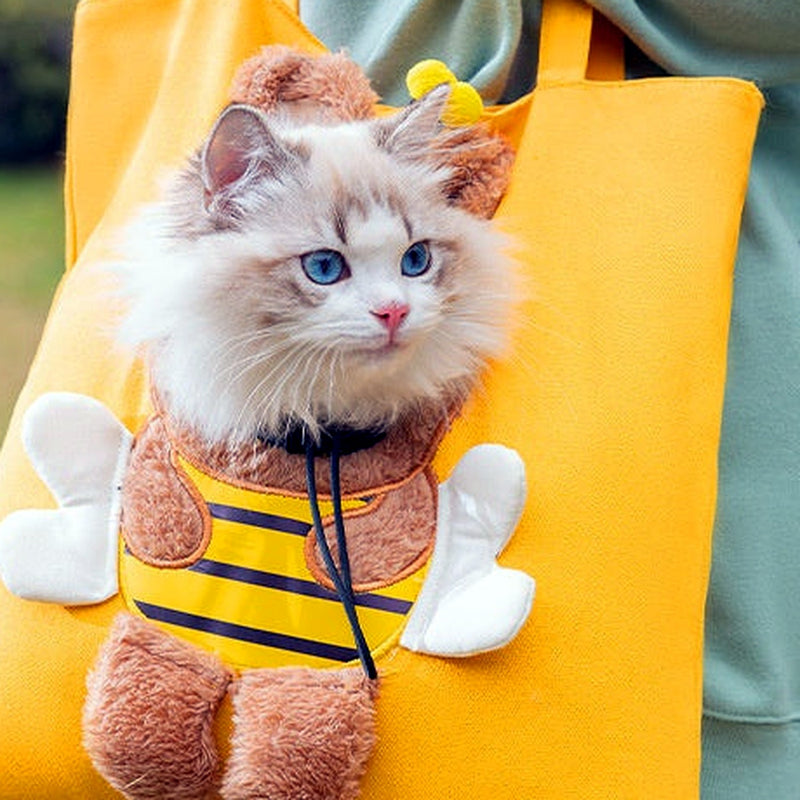 Ragdoll-Katze schaut aus der gelben Tragetasche, die über der Schulter getragen wird (echtes Produktfoto)