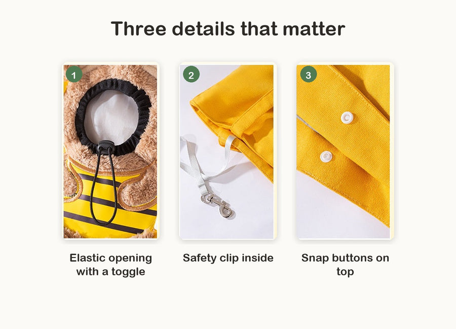 Three details: elastic opening with toggle, safety clip inside, snap buttons on top
