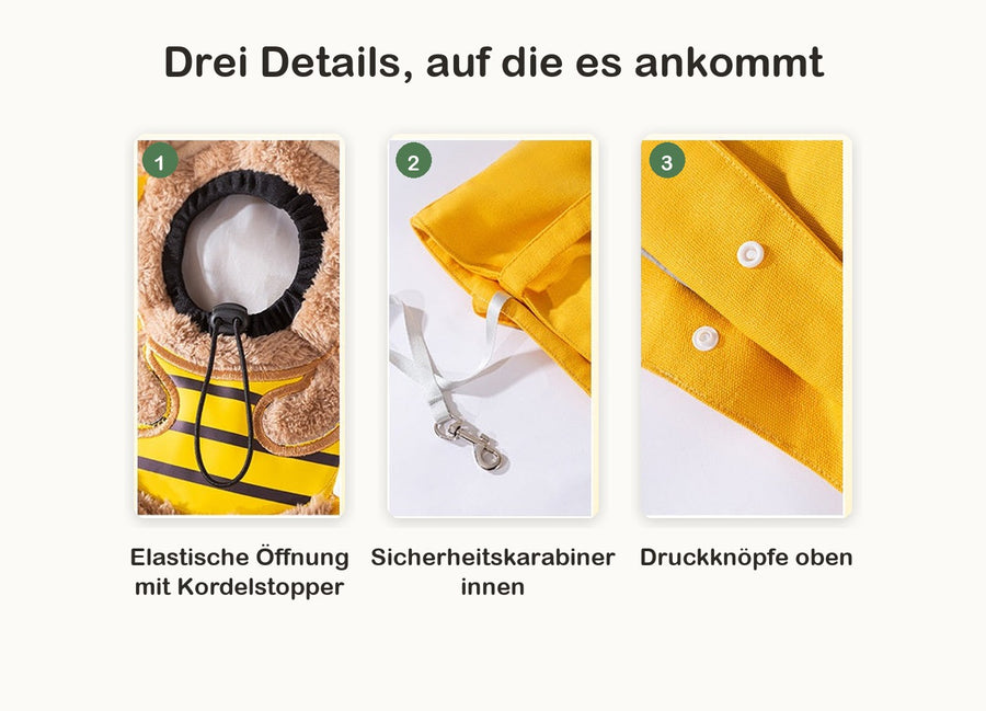 Drei Details: elastische Öffnung mit Kordelstopper, Sicherheitskarabiner innen, Druckknöpfe oben