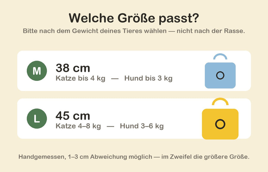 Größengrafik: M mit 38 cm und L mit 45 cm, jeweils mit Gewichtsangabe
